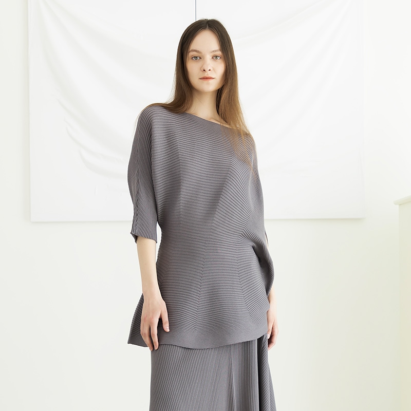 READ_ME 抽象リブウエストシェイプ アシンメトリートップス（シルエット美／伸縮性あり／上品カジュアル）B90203147