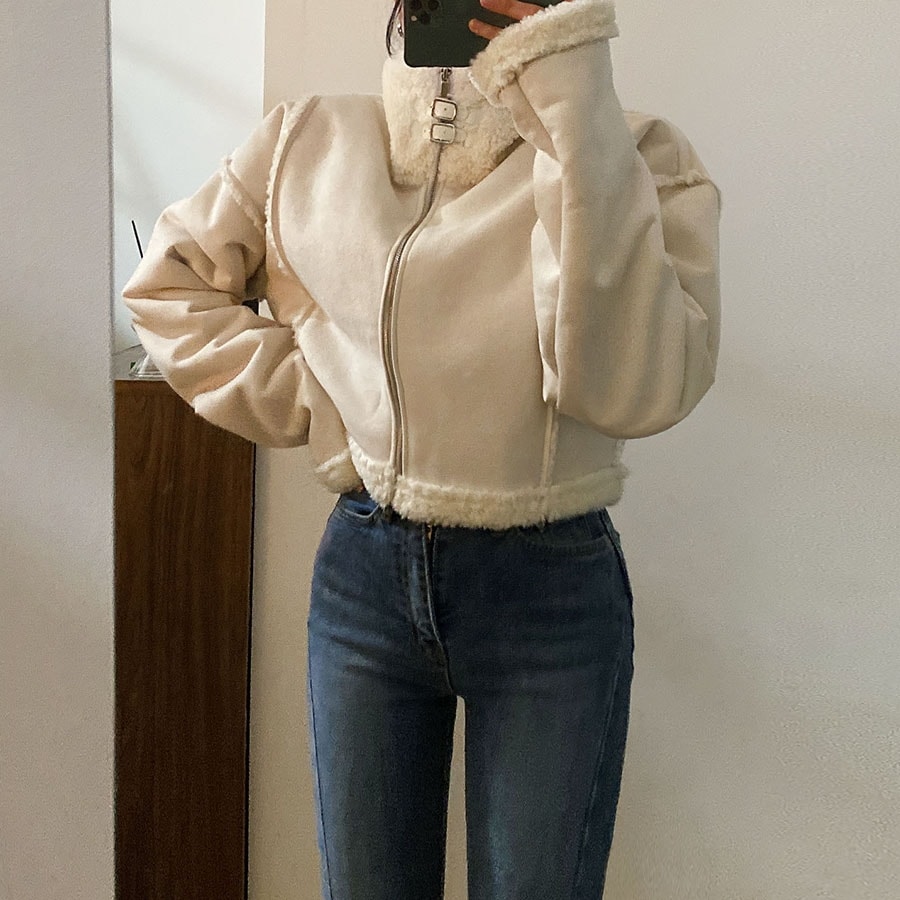 [ハイクオリティ/ルーズフィット] ボア ムートン ハイネック バックル 厚手 ジャケット