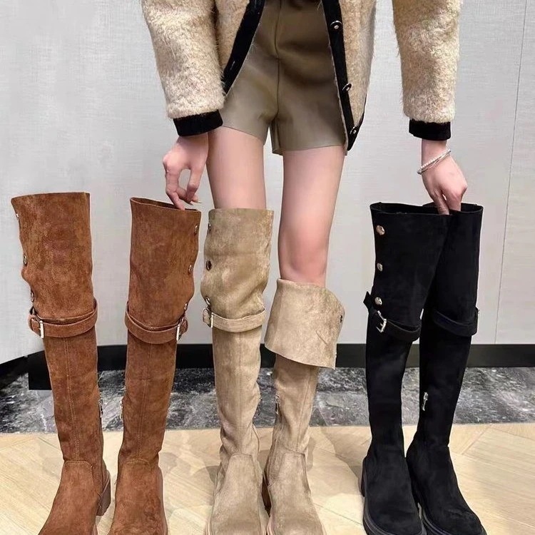 ロングブーツが復活！ニーハイブーツレディース秋冬新作レトロブーツスエードサイドジッパーブーツ