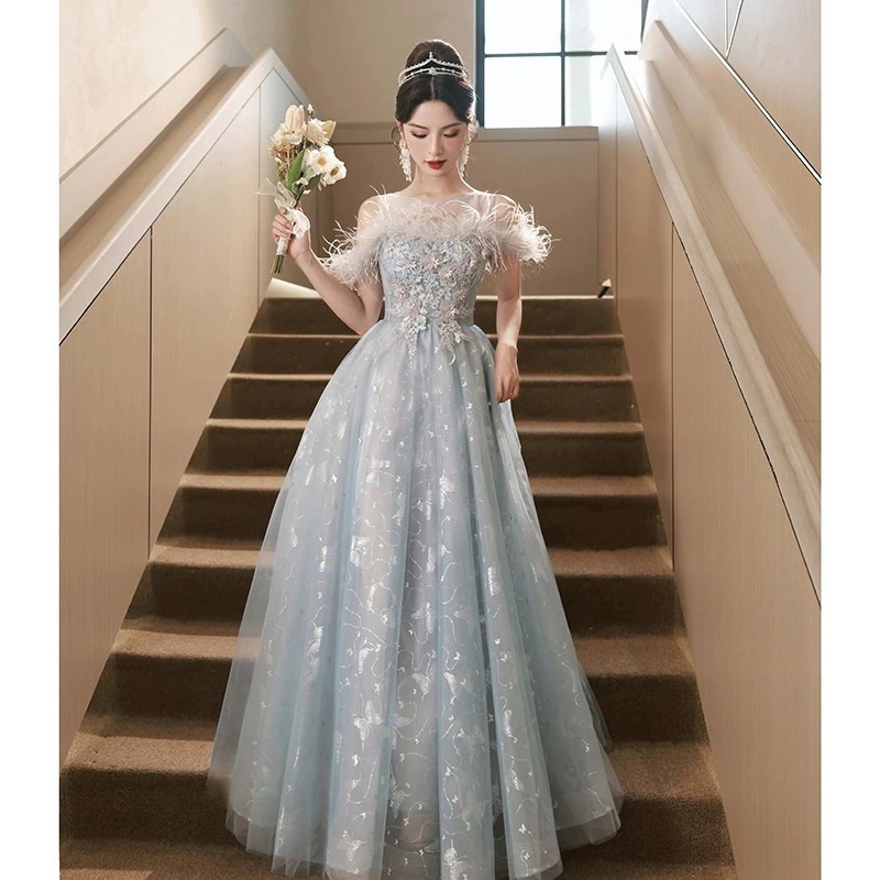 ブルーイブニングドレス2024宴会気質ハイエンドホストアートテスト