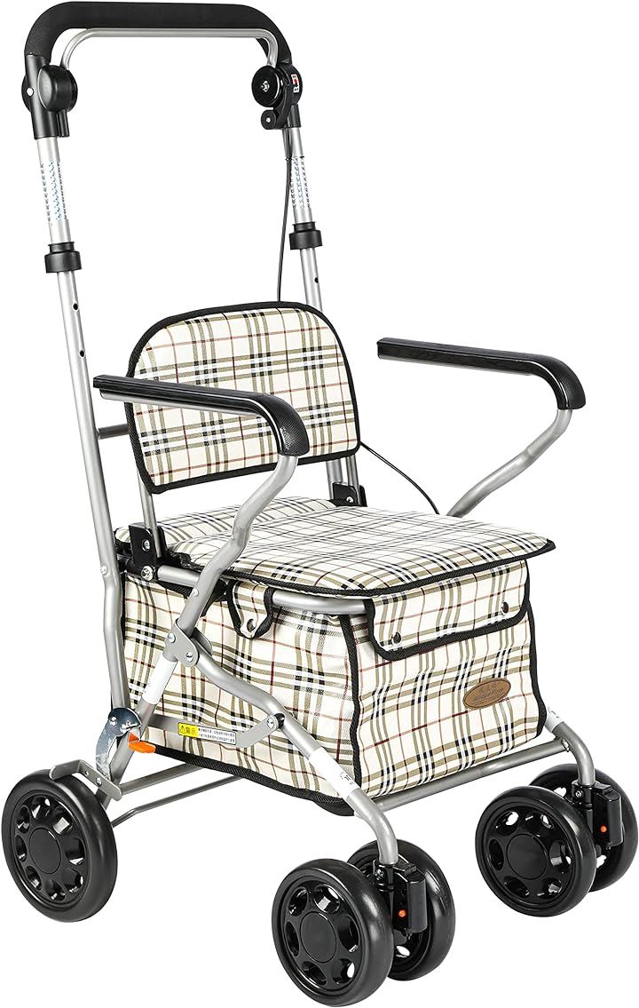 シルバーカー 手押し車 歩行器 ショッピングカート 高齢者用 歩行補助車 折りたたむ 老人 座れる 介護用 車いす 高さ調節 車椅子 軽量 日本語取扱説明書( 白い, 002C-1)
