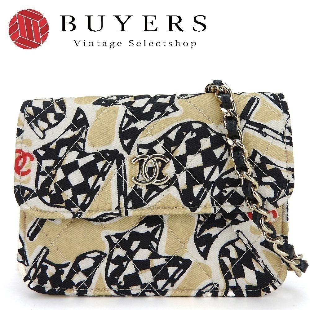 中古 ショルダーバッグ ミニミニマトラッセ キャンバス レザー ベージュ ブラック ゴールド金具 チェッカーフラッグ ノベルティ レディース 女性