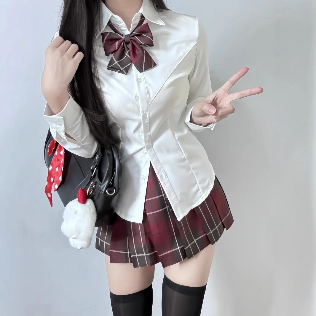 【1つ買うと10つ無料】大学スタイルjkユニフォームホワイトvラインシャツ長袖ウエストハギングシャツスリムな格子縞のスカート汎用スーツ夏