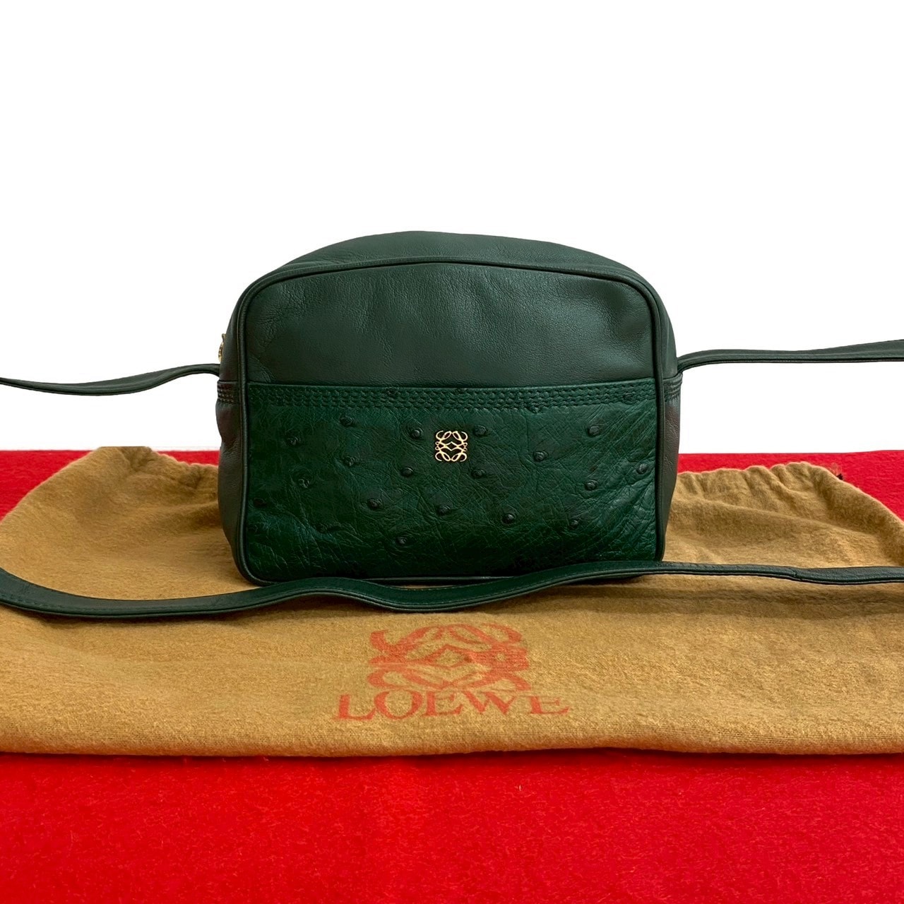 ヴィンテージ アナグラム ロゴ 金具ショルダーバッグ オーストリッチ グリーン 18223