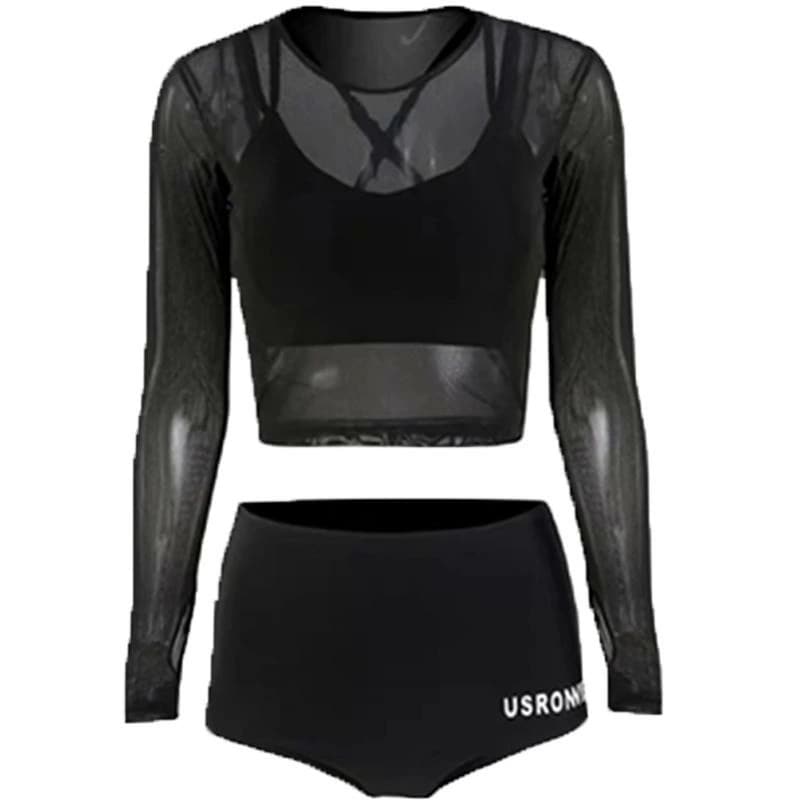 ビキニ レディース 水着 韓国 夏 体型カバー プール ビーチ 海辺 長袖 シアー 日焼け防止 上下セット バッククロスオープン 英文字ロゴ 黒 大人 シンプル おしゃれ