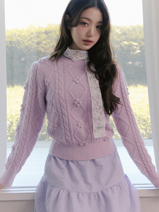 [IVE チャン·ウォニョン モデル着用] POMPOM CABLE KNIT LAVENDER 限定版 韓国の人気ファッションブランド