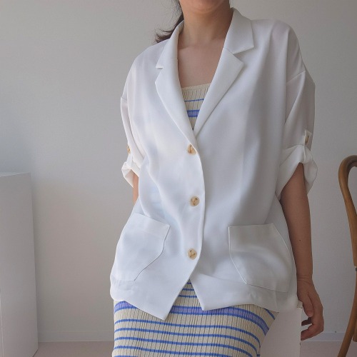 レディース サマージャケット 半袖 白 ゆったりフィット