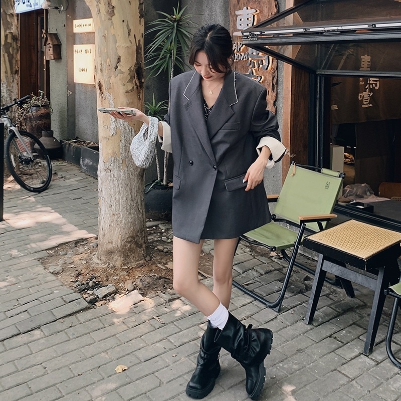 デザインセンス グレー スーツジャケット レディース 2024 秋 新作 韓国 ゆったり ファッション カジュアル シルエット スーツ トップス