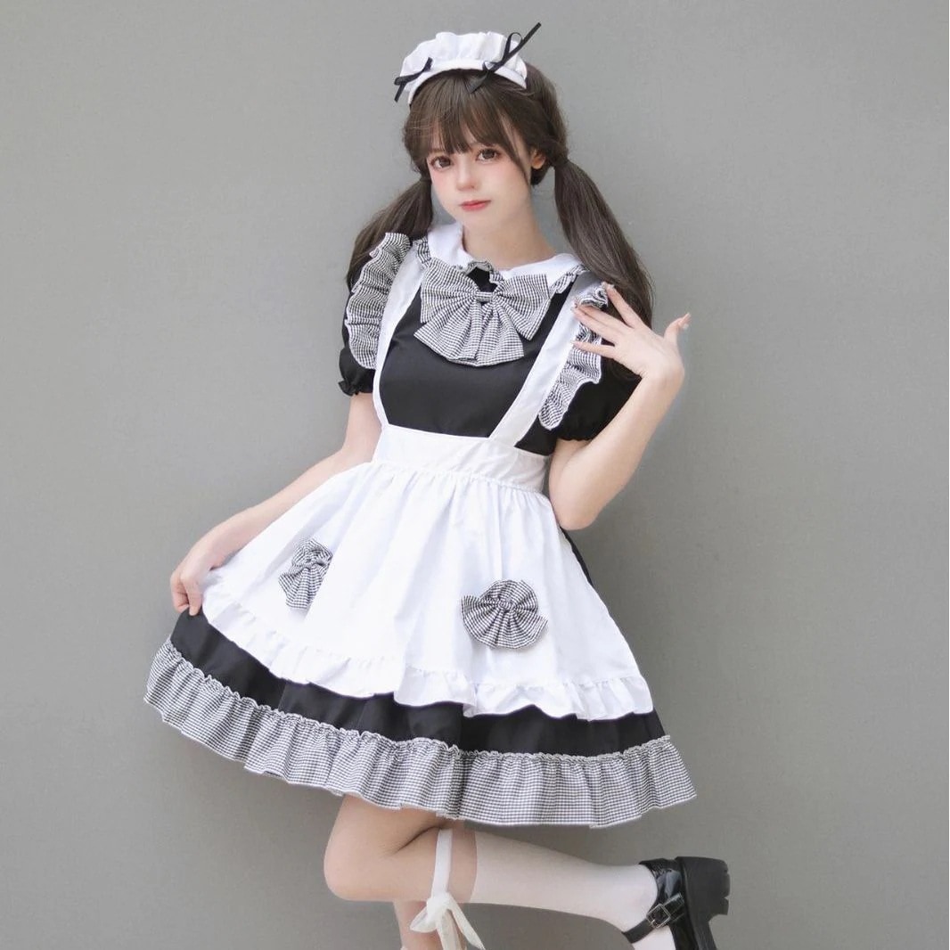 コスプレにゃんこくアニメ新作4点セットメイド服可爱いプリンセスドレス黒白チェック蝶結びメイド系