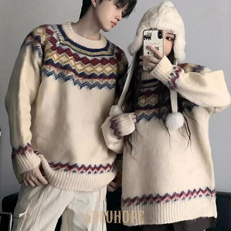 セーター ペアルック メンズ レディース ニット ベージュ 秋冬 カップル 恋人 親友 友達 姉妹 韓国 おしゃれ 可愛い 暖かい トップス 旅行 S M L XL 2XL 3XL