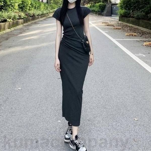 ワンピース ドレス 袖あり Tシャツワンピ レディース きれいめ カジュアル おしゃれ 半袖 大人 可愛い フェミニン ロング丈 ロングワンピ ギャザー タイト スリム シンプル 楽ちん グレー 春