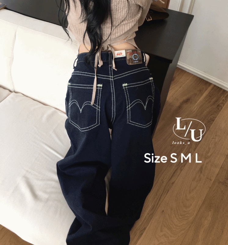 [OOTJ] ステッチ ナイン パッチ ポイント ビンテージ デニム ワイド パンツ 6,020円