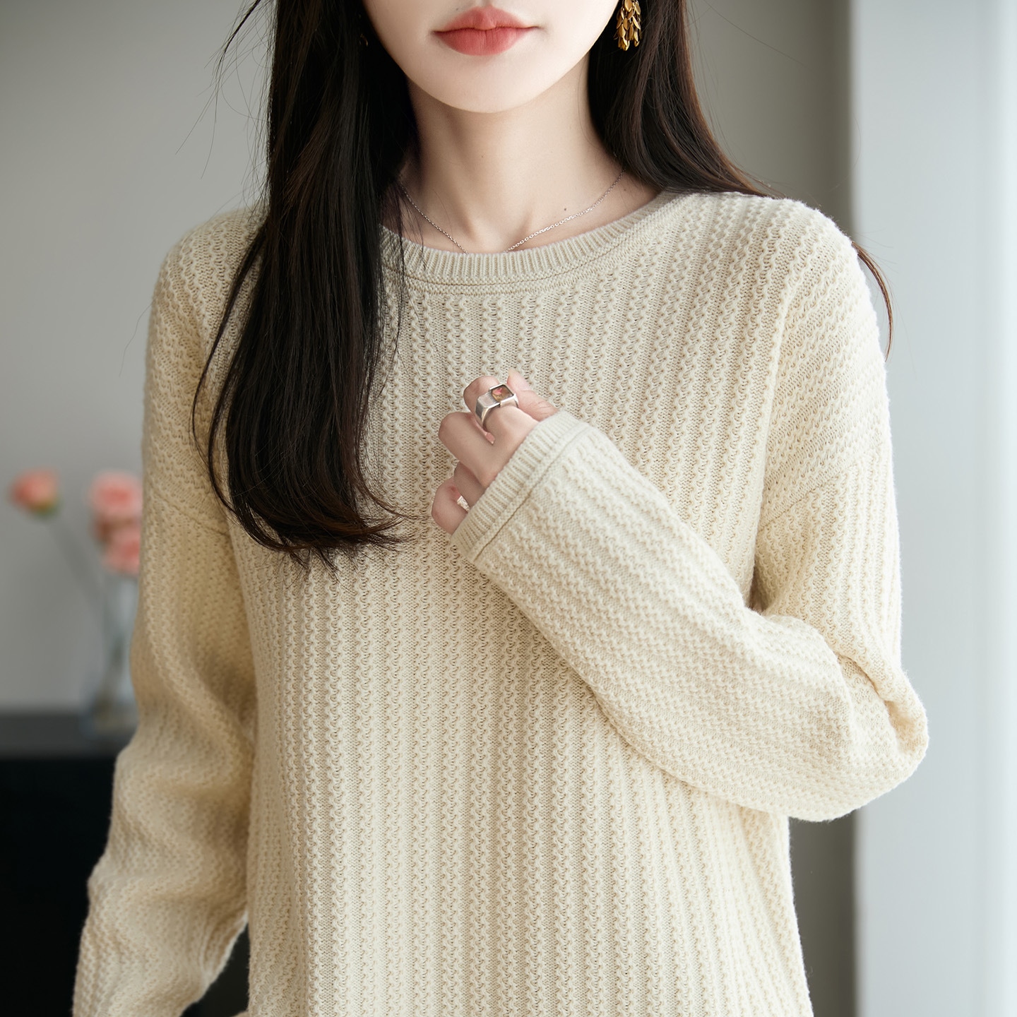 2025年秋冬新作 純綿糸 7本針 厚手 ラウンドネック ニットセーター レディース 無地 プルオーバー ベースレイヤー トップス