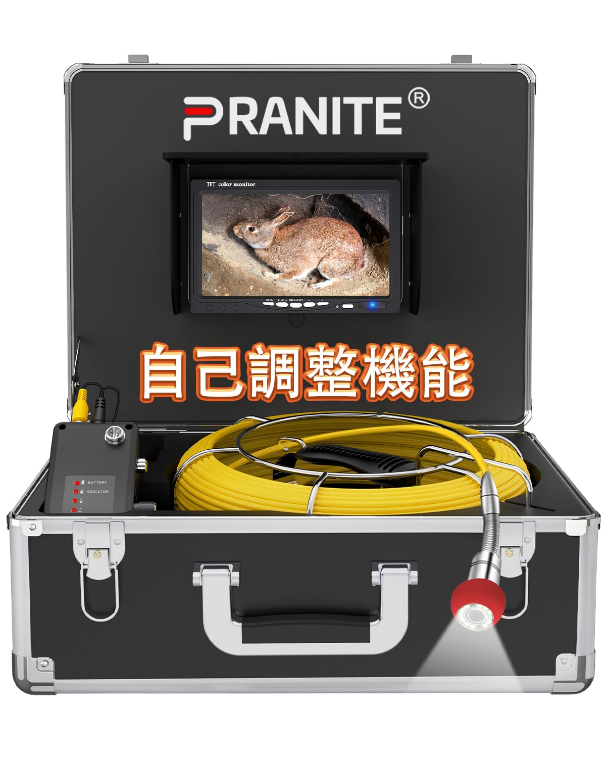 PRANITE 配管カメラ 自動水平調整機能付き 管内検査カメラ 内視鏡カメラ メーターカウンター付き 12V 4500mAh バッテリー IP68防水工業内視鏡 12LEDライト付き 照度調節可能