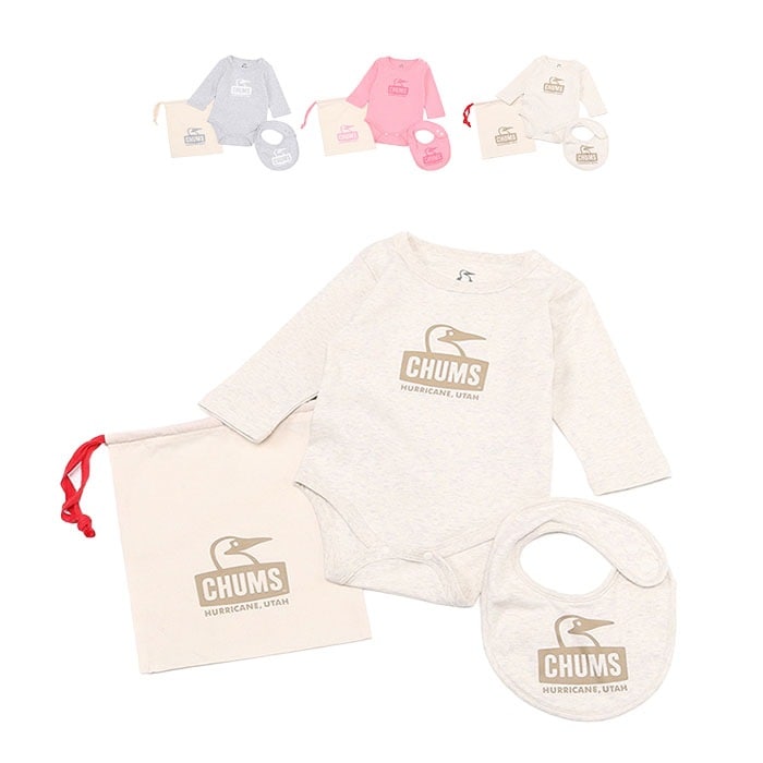 出産祝い ベビー ギフトセット 赤ちゃん 男の子 女の子 長袖 スタイ 巾着付き 綿 春 秋 冬 70cm 80cm ナチュラル グレー ピンク CH27-1032