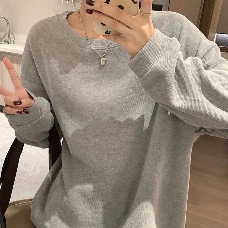 韓国ファッション 春秋 無地 ラウンドネック スウェット レディース カジュアル 百掛け トップス