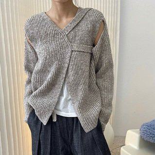カーディガン レディース 秋冬 ニットカーディガン トップス ショート丈 ユニセックス 男女兼用 ショルダーストラップ Vネック スリット ウール 長袖 秋冬 新作 無地 お洒落 カジュアルスタイル