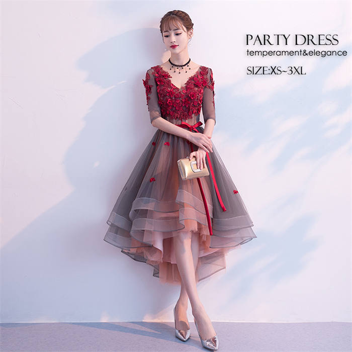 パーティードレス Vネック カラードレス 赤 衣装 発表会 イブニングドレス オシャレ レディース ワンピース 花嫁 ウエディングドレス フォマール 成人式 結婚式 二次会 演奏会 コンサート 大きい