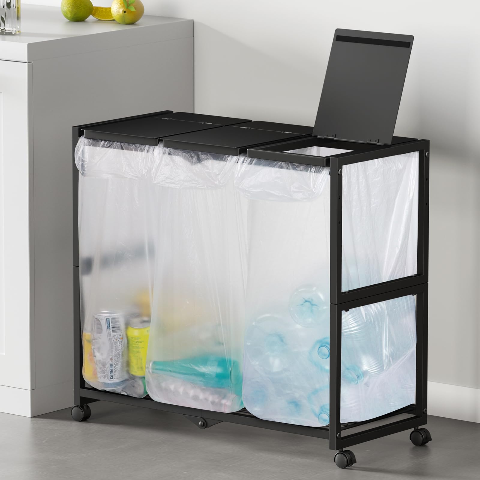 TTWO ゴミ箱 3分別 ダストワゴン ゴミ袋ホルダー 高さ三段調節20~45L袋対応 約W70xD32.5xH65cmふた付き におい遮断 キッチン ゴミ袋スタンド 大容量 ダストボックス 使いやす