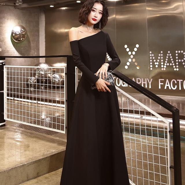 期間限定パーティードレス ロング 黒 長袖 おしゃれ かっこいい 結婚式 お呼ばれ ドレス ロングドレス 演奏会 発表会 大きいサイズ フォーマル ワンショルダー アシンメトリー シンプル コンサート