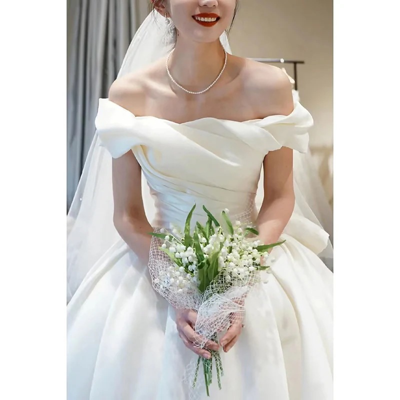 ワンショルダーサテンライトウェディングドレス2025新作ブライダル主糸質感プチドレスお出かけドレス