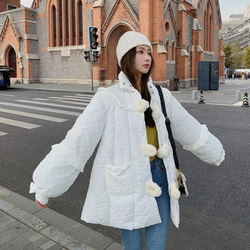 【即納】ダウンジャケット レディース ダウン ショート丈 アウター 中綿コート レディース ショートダウン 韓国 無地 ガーリー 秋 冬 長袖 可愛い キルティング フリル ポンポン フェイクファー