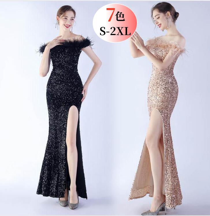 スパンコール衣装 キラキラ ファー付き ワンピ オフショルワンピース ドレス 披露宴 二次会 キャバドレス ロングドレス タイト スリット入り 無地 イブニングドレス パーティードレス 演奏会 発表会