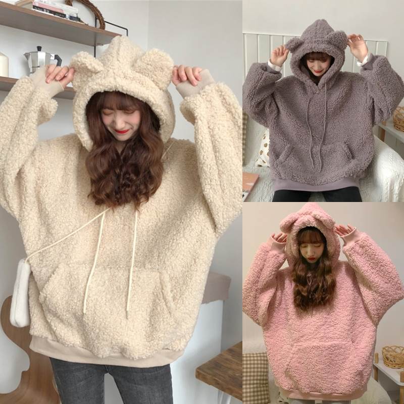 3色 もこもこ パーカー 長袖 フード付き ポケット くま耳 ボア トップス 上着 ふわふわ モコモコ 厚手 かわいい おしゃれ アウター 個性的 キュート ルーズ ラフ こなれ感 ゆったり ゆる