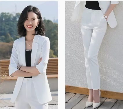 無地ジャケット＋パンツスーツセット 2点セット ジャケット 七分袖 パンツ ロング丈 ブルー スリム タイト 細身 ストレート Iライン スマート レース 爽やか 可愛い 上品 おしゃれ