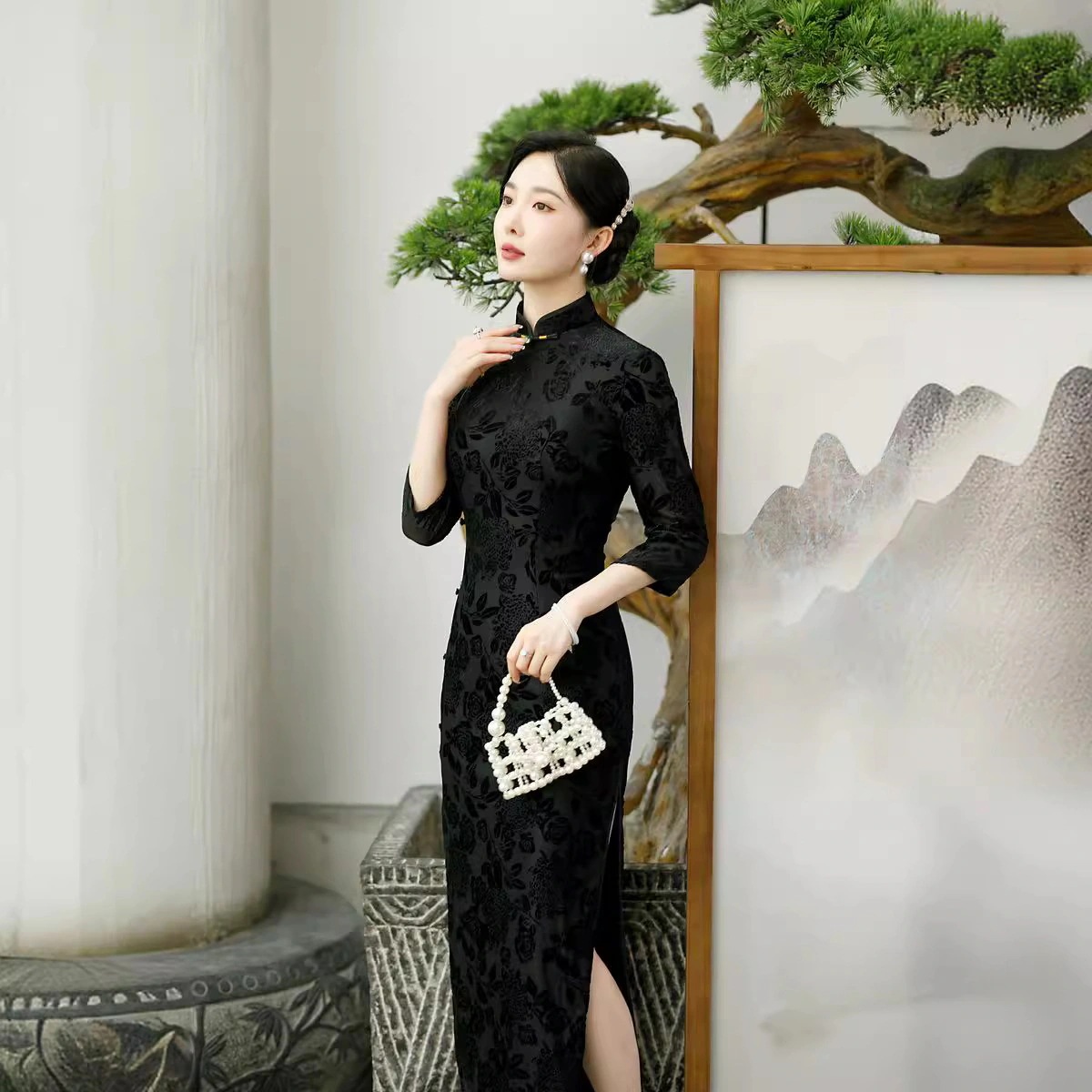 ワンピースドレスドレスブラックチョンサム女性2025秋改善ママウェア気質ファッション秋と冬のドレス