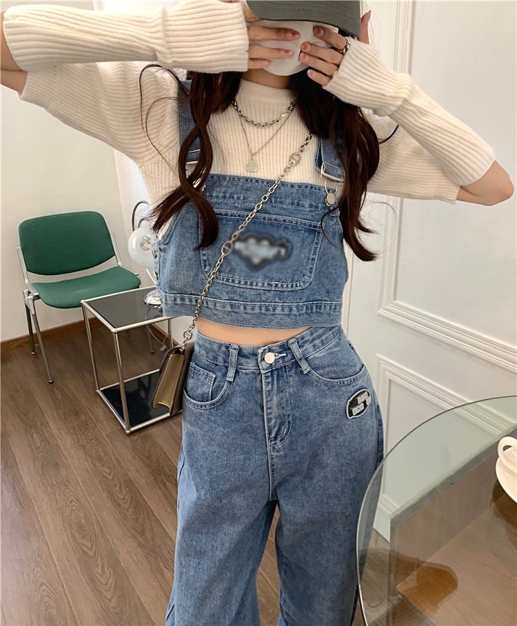 セット トップス ボトムス Gパン タンクトップ 袖なし ノースリーブ 襟なし ワイド デザイン ボタン 美ライン ドッキング ポケット ヴィンテージ風 デニム 2点セット ツーピース お得 かわいい