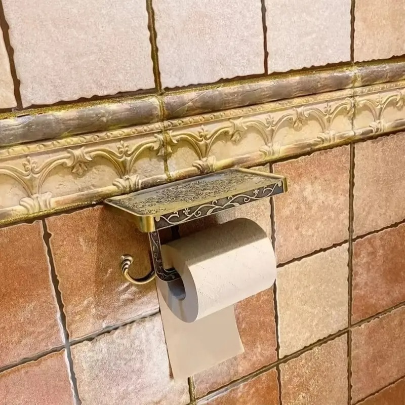 トイレットペーパーホルダー ブロンズ ゴールド ヴィンテージ調 レトロ調 ヨーロピアンインテリア DIY 取り付け 収納棚付き 壁掛け バスルーム ティッシュロールラック お洒落 4-7