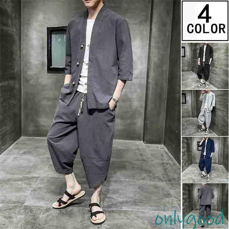 新作 セットアップ メンズ チャイナ服 リネンジャージ 七分袖 シャツ 上下2点セット スウェットセット サルエルパンツ ゆったり 春夏秋