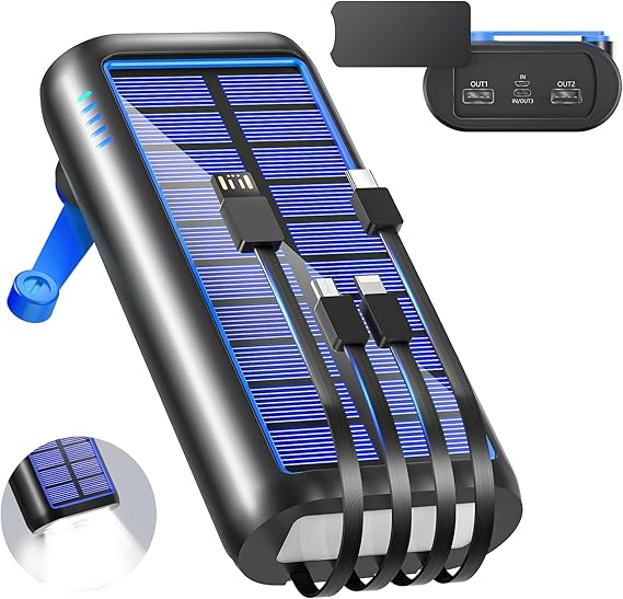 ソーラーモバイルバッテリー 22.5W/PD18W 61200mAh 急速充電 手回し充電 ソーラーチャージャー 防災士監修 4本ケーブル内蔵 Type-C モバイルバッテリー ソーラー IPX7防水