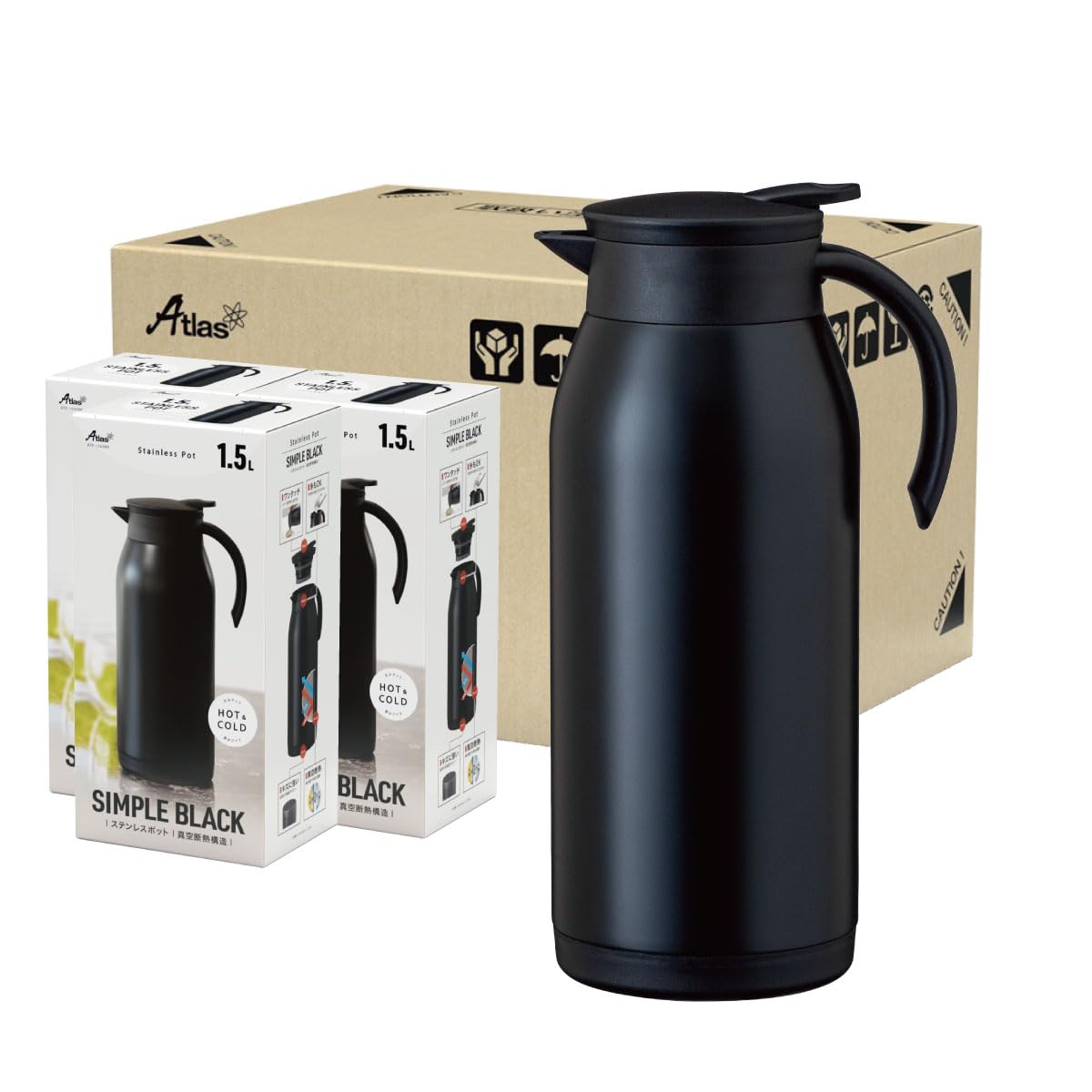 アトラス 保冷ポット 保温ポット 1.5L 6個セット 軽量スリム 節電 省エネ 卓上ポット ステンレスポット 魔法瓶 保温 保冷 真空断熱二重構造 洗いやすい ワンタッチレバー 広口 ブラック 白湯
