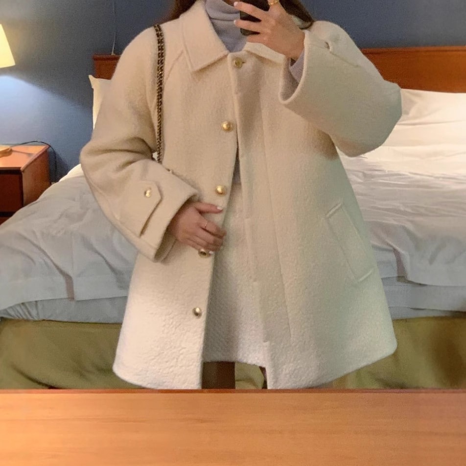 韓国ファッション レディース アウターラペルシングルブレストルーズツイードコートジャケット