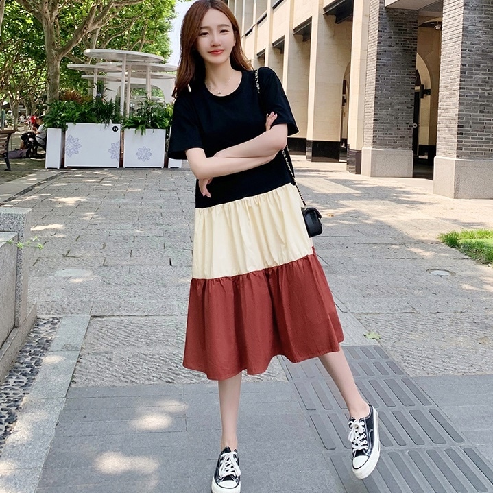 ワンピース フレアワンピース ミモレ ミモレ丈 袖あり 半袖 Uネック フレア 切り替えデザイン ドッキング かわいい 大人可愛い カジュアル おしゃれ お洒落 かっこいい レトロ キュート 無地 夏