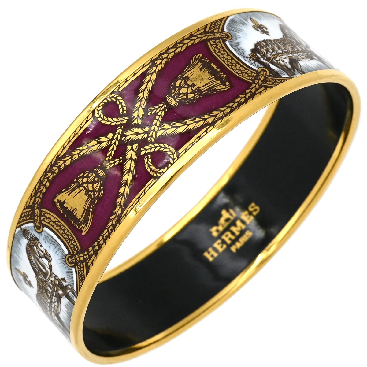 エルメス バングル エマイユ GM GP 七宝焼き ピンク×マルチカラー ゴールド金具 ローズ 馬 馬装具 タッセル 【中古】