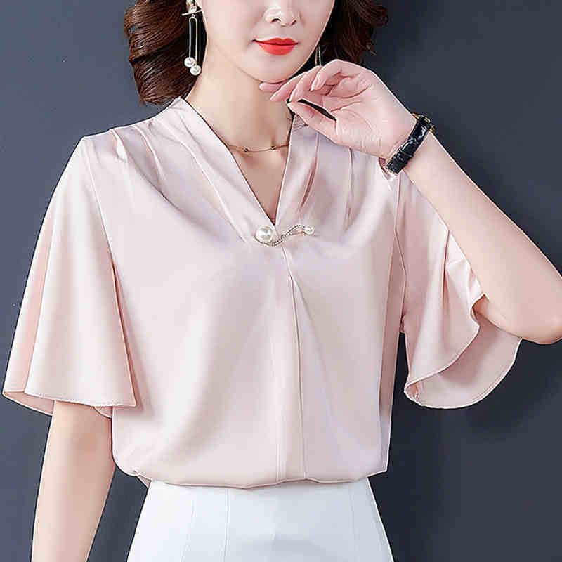トップス シャツ ブラウス シルク シフォン 半袖 袖あり フレア袖 フレアスリーブ 薄手 薄い Vネック パール 装飾 ゆったり ルーズ シンプル 無地 大人 上品 エレガント きれいめ 大人可愛い