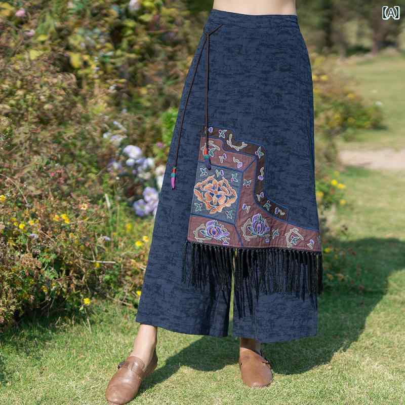 パンツ レディース ボトムス エスニック 刺繍 タッセル ワイド ストレート ハイウエスト レトロ ブラック ネイビー レッド