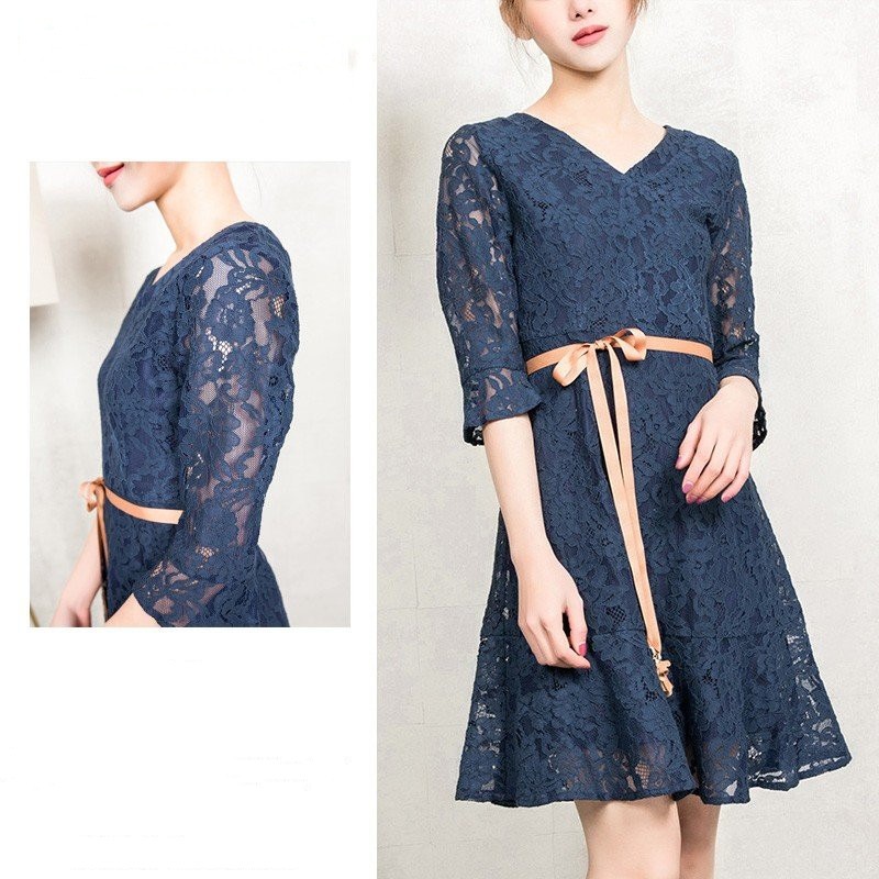 大人の魅力総レースワンピースフォーマルレースワンピースvネックワンピ膝上丈ひざ丈五分袖ネイビーお呼ばれ結婚式パーティー4030