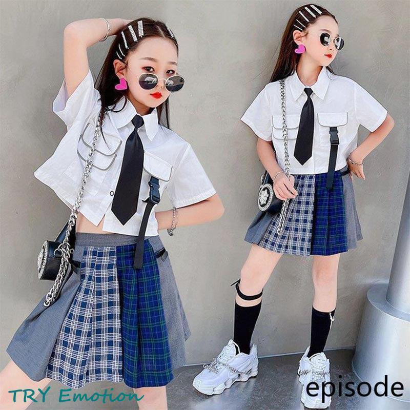 原宿系 衣装 スカート ガールズ キッズ へそ出し 応援団 練習着 トップス ヒップホップ 夏 韓国 セットアップ スプライシング 7月最新デザイン&20%OFFダンス ジャズダンス