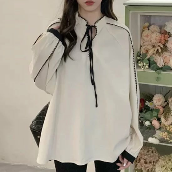 シフォンブラウス レディース 長袖シャツ トップス スタンドカラー ステッチ リボン コントラストカラー ボリューム袖 ルーズ シンプル 無地 カジュアル お出かけ おしゃれ ブラウス