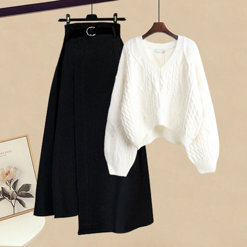 【No.1 人気商品】 シンプル Vネックセーター＋Aラインスカートワンピースセット