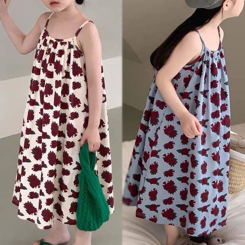 【新品プロモ-ション】ノースリーブ ワンピース ブルー 花柄 バラ 可愛い お洒落 韓国 子供服 女子 綿混 ベビー服 子ども 旅行 お出掛け お祝い 80cm 90cm 100cm 110cm 12