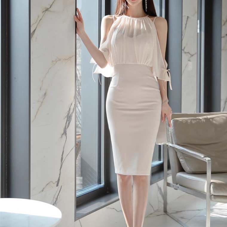 レディース スカート ワンピース ドレス フェイクツーピース シフォンドレス タイトスカート 膝上 ホルターネック タイト スリム 細身 スマート シフォン リボン 透け感 薄手 かわいい 大人可愛い