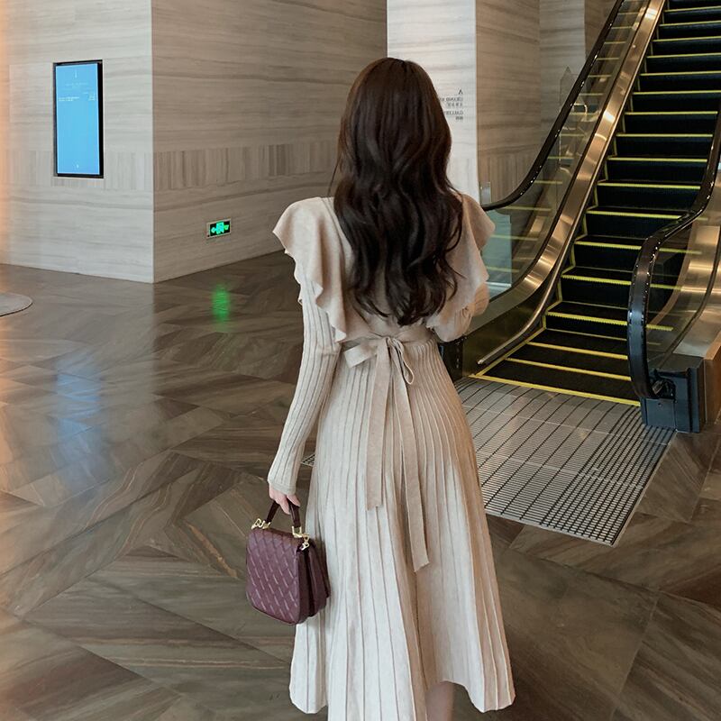 ワンピース ニット セーター ニットワンピ レディース 長袖 フリル袖 プリーツ リボン ウエストマーク ウエストリボン かわいい 大人可愛い きれいめ シンプル カジュアル 上品 おしゃれ かっこい 7,618円