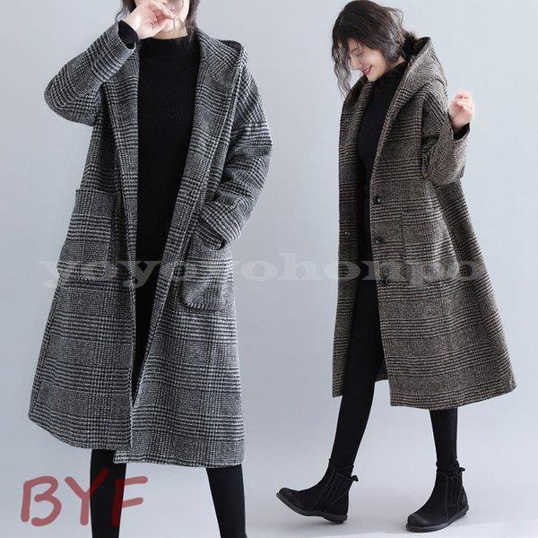 チェスターコートコクーンコートジャケットフード付きレディースアウターコートチェスターロングコートチェック柄上着ゆったり大きいサイズ秋冬