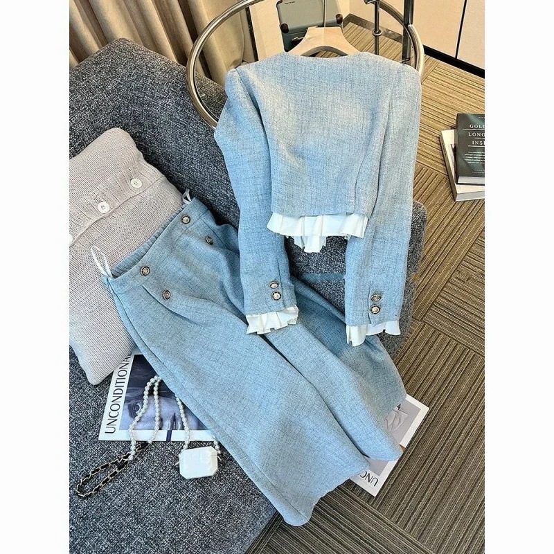 ハイエンドのカスタマイズ-春と秋の女性のための青い香りのスタイルのスカートスーツ女性と女性が着用できる新しいモデルジャケット+スカートの2点セット