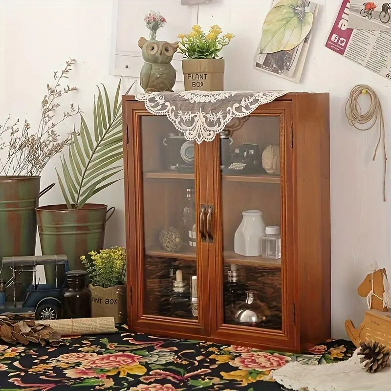 キャビネット ヴィンテージ調 木製 収納 ダブルドア付き ウォールナット 魅力的 お洒落 カントリー 北欧 ナチュラル 棚付き 食器収納 小物収納 4-7